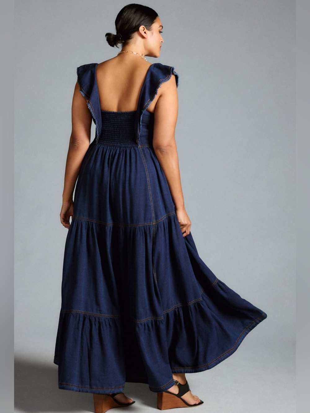 New Anthropologie Pilcro Sweetheart Flutter-Sleeve Denim Maxi Dress L - Picture 2 of 9